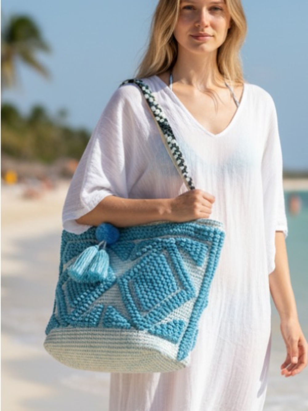 HANDWOVEN Boho Chic Double Diamond Aqua and Ivory Cotton Embroidered Tote Bag